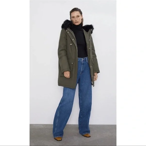 Zara Olive Green Puffer Parka Coat Faux Fur Hoodie Small - Picture 2 of 6
